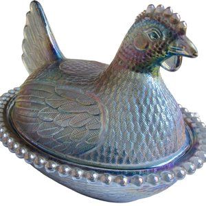 VTG Indiana Glass Hen on Nest Confederate Blue Candy Treat Dish Thanksgiving USA
